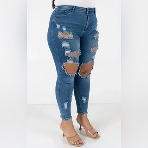Plus Size Medium Blue Skinny Jeans Heavy Destruction